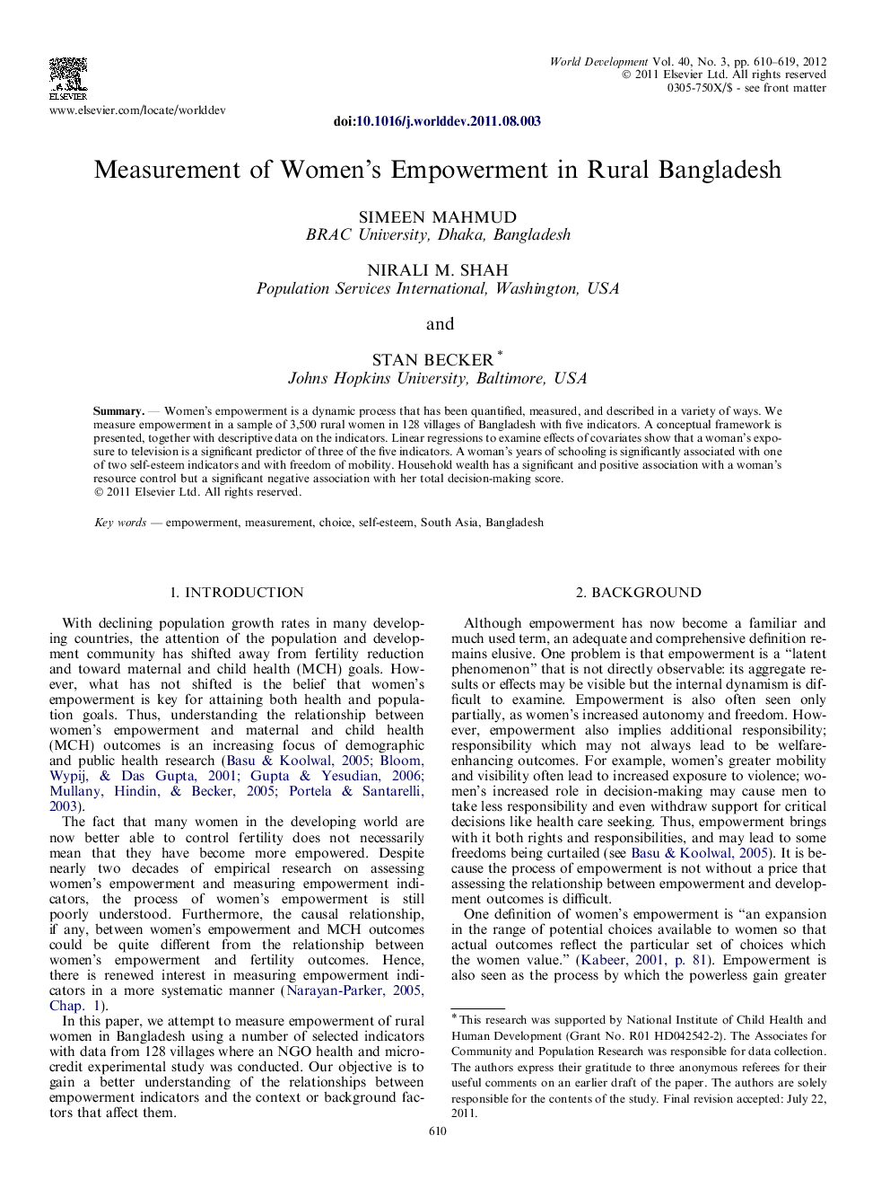 Measurement of Women’s Empowerment in Rural Bangladesh