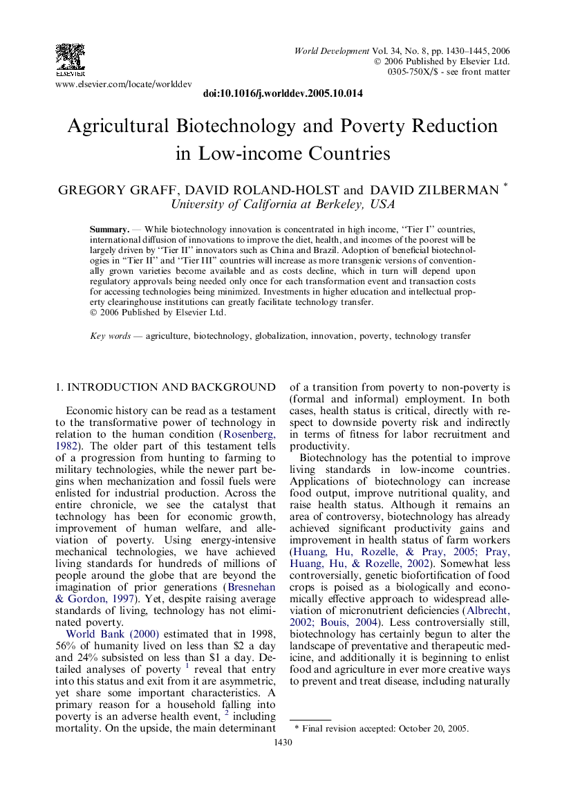 Agricultural biotechnology and poverty reduction in low-income countries