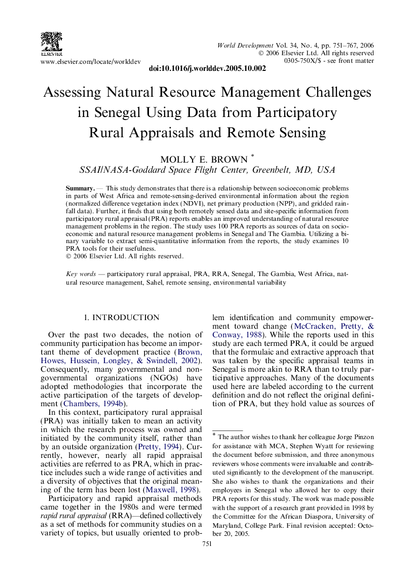 Assessing Natural Resource Management Challenges in Senegal Using Data from Participatory Rural Appraisals and Remote Sensing