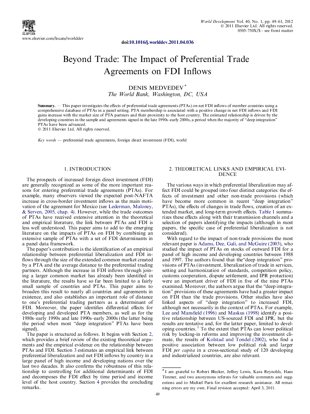 Beyond Trade: The Impact of Preferential Trade Agreements on FDI Inflows