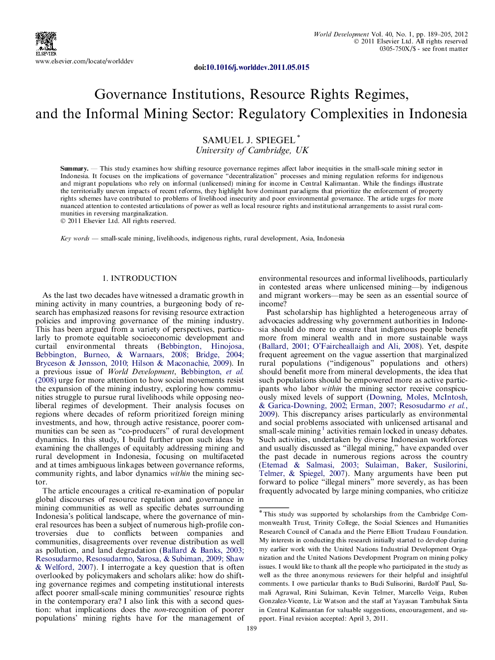 Governance Institutions, Resource Rights Regimes, and the Informal Mining Sector: Regulatory Complexities in Indonesia