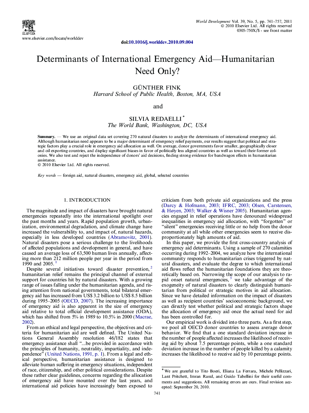 Determinants of International Emergency Aid—Humanitarian Need Only?