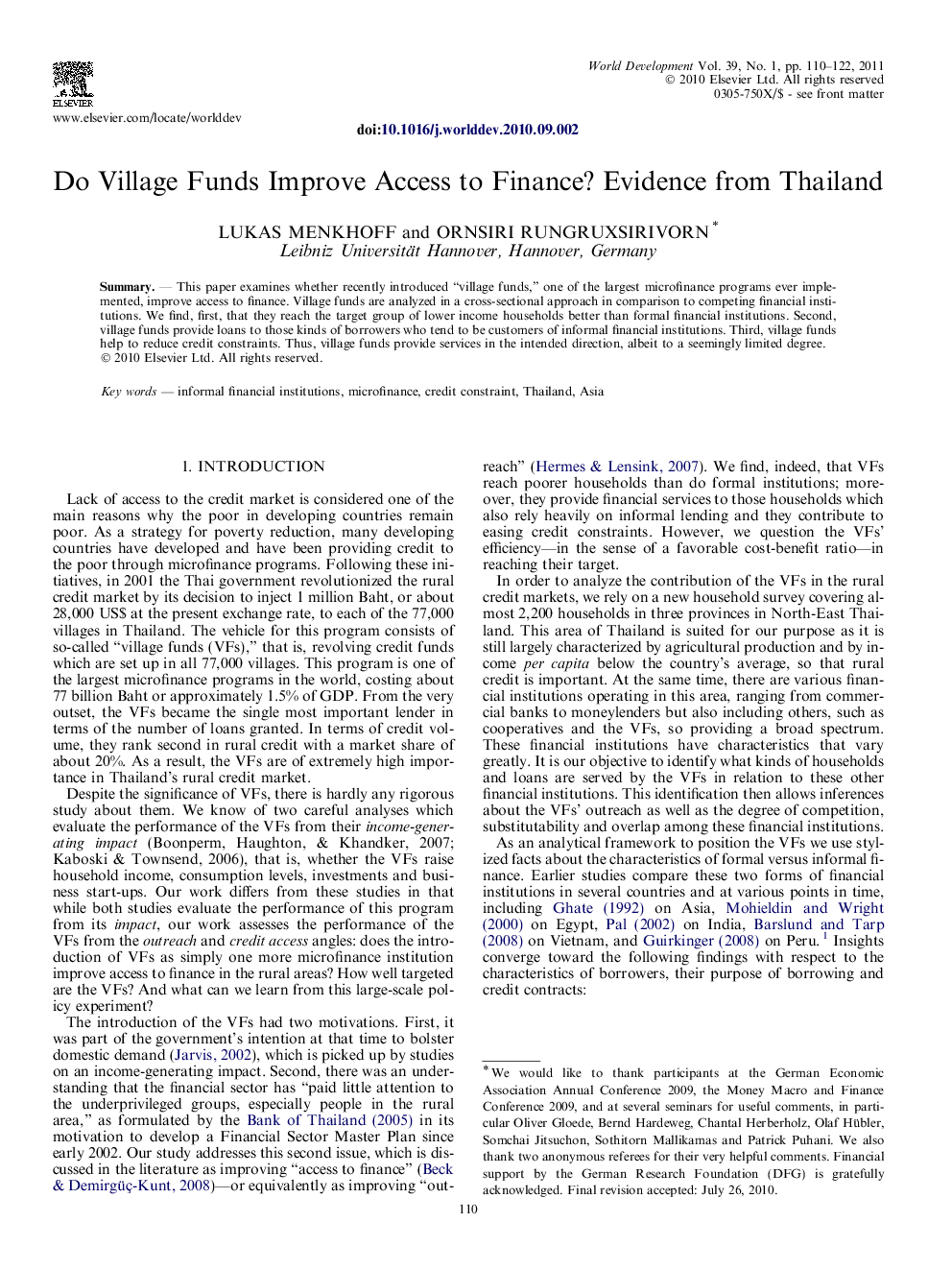 Do Village Funds Improve Access to Finance? Evidence from Thailand