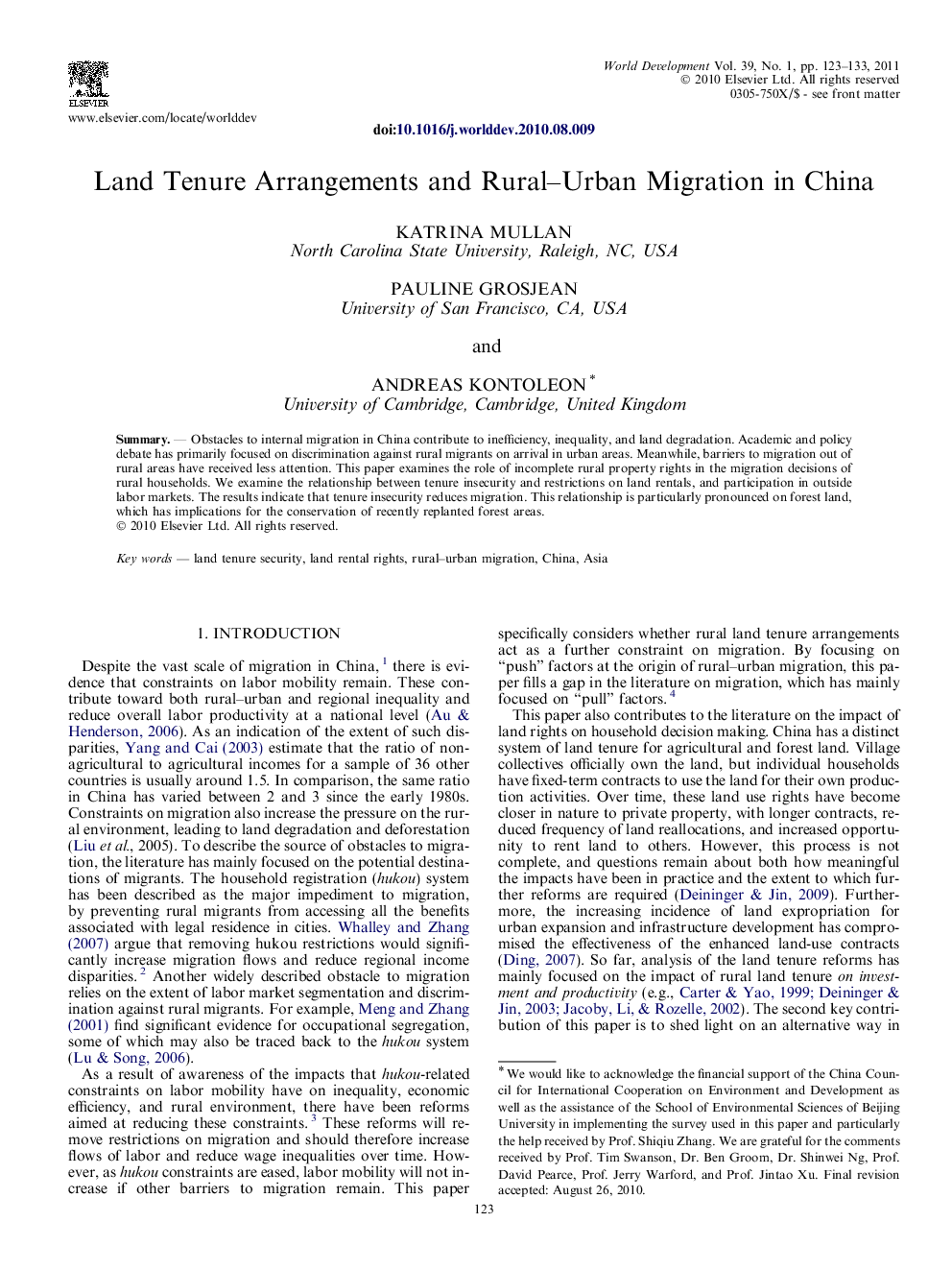 Land Tenure Arrangements and Rural–Urban Migration in China