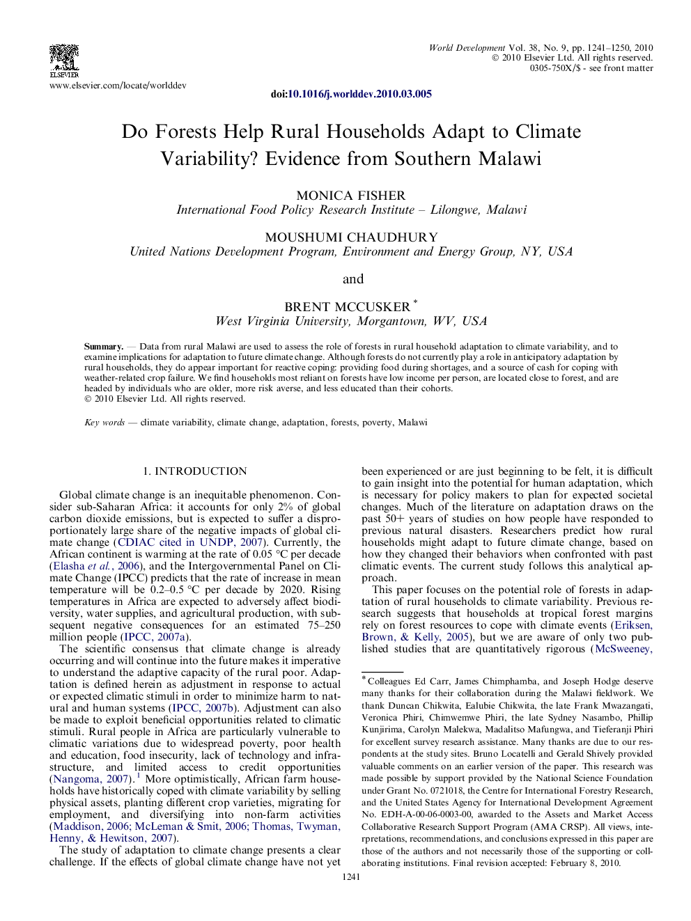 Do Forests Help Rural Households Adapt to Climate Variability? Evidence from Southern Malawi