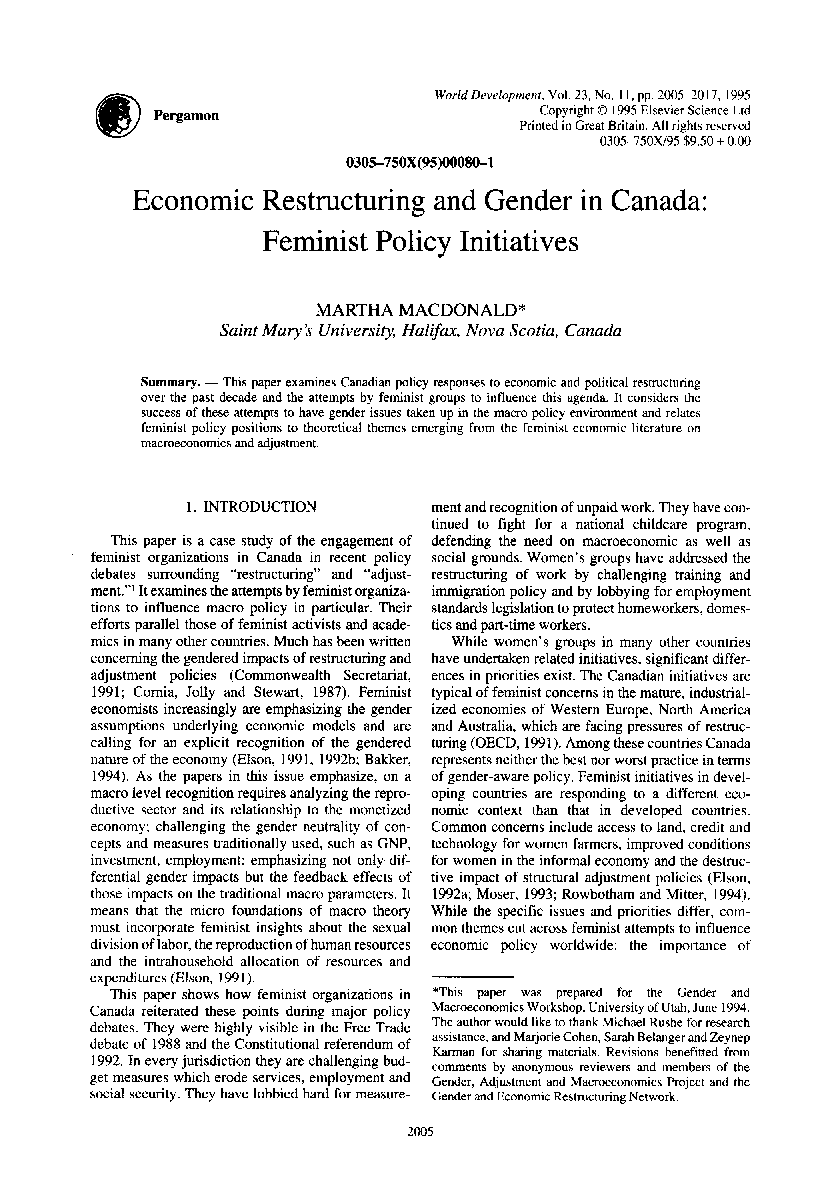 Economic restructuring and gender in Canada: Feminist policy initiatives