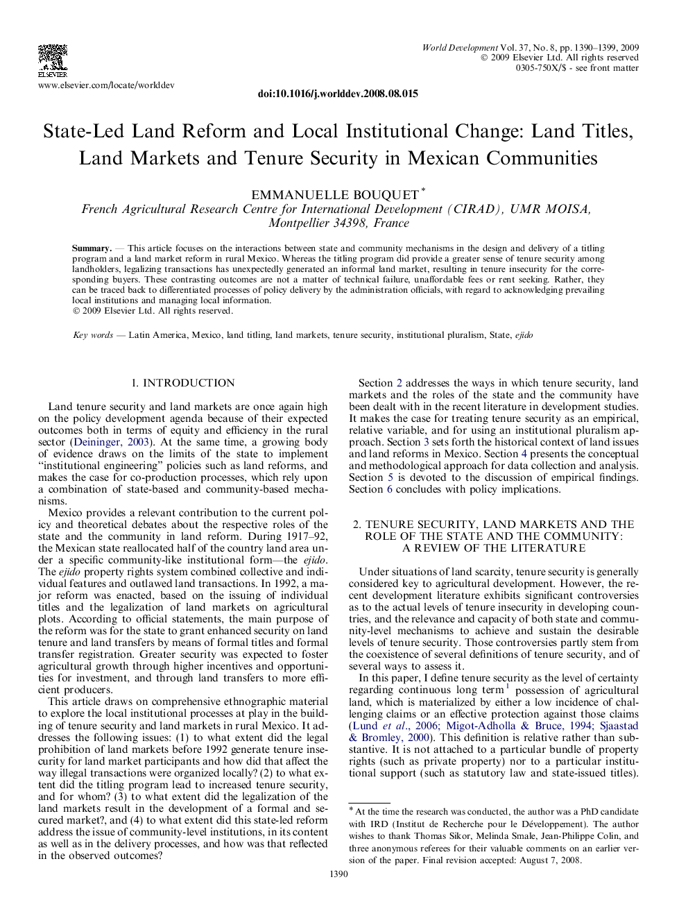 State-Led Land Reform and Local Institutional Change: Land Titles, Land Markets and Tenure Security in Mexican Communities