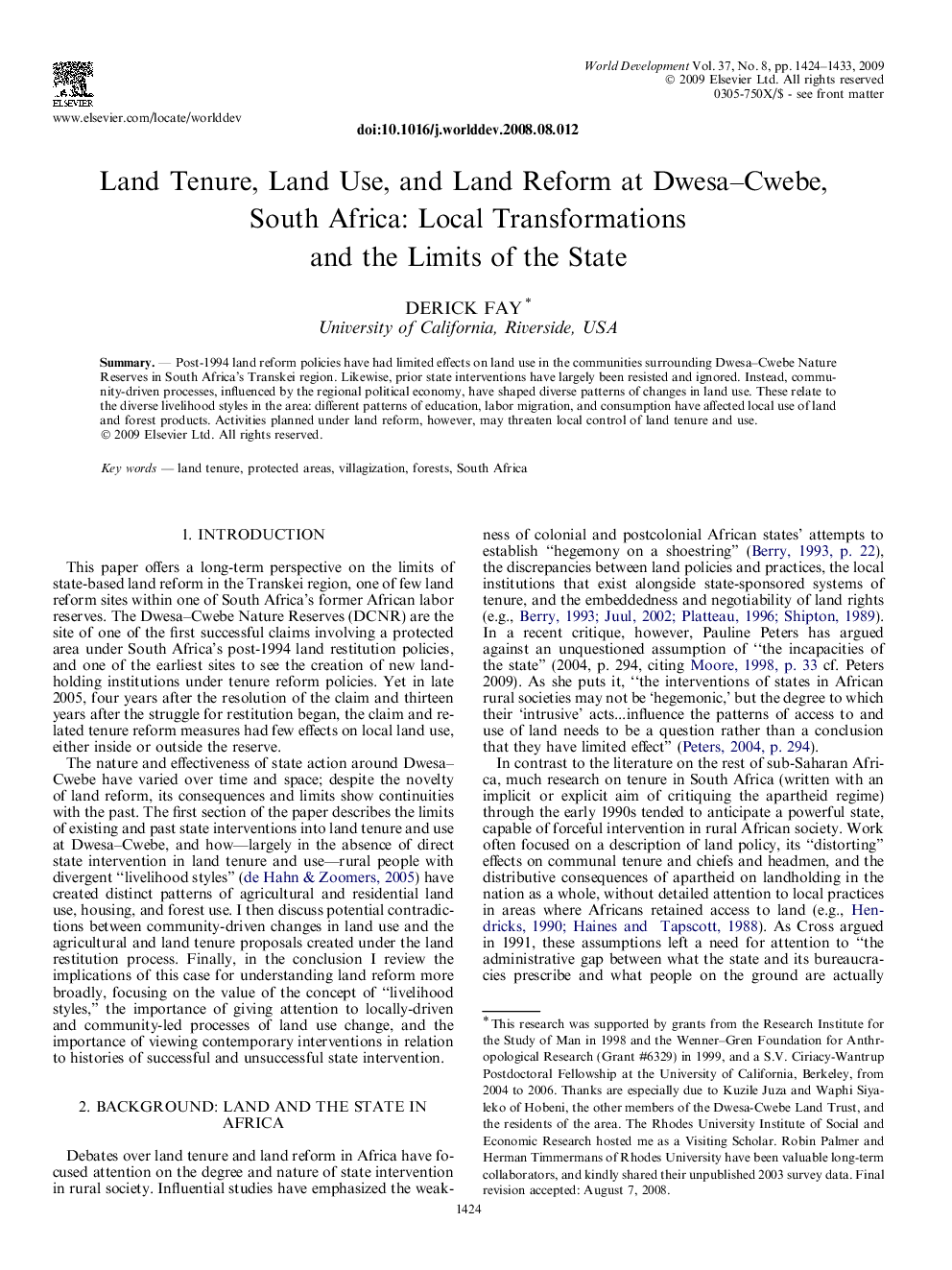 Land Tenure, Land Use, and Land Reform at Dwesa–Cwebe, South Africa: Local Transformations and the Limits of the State