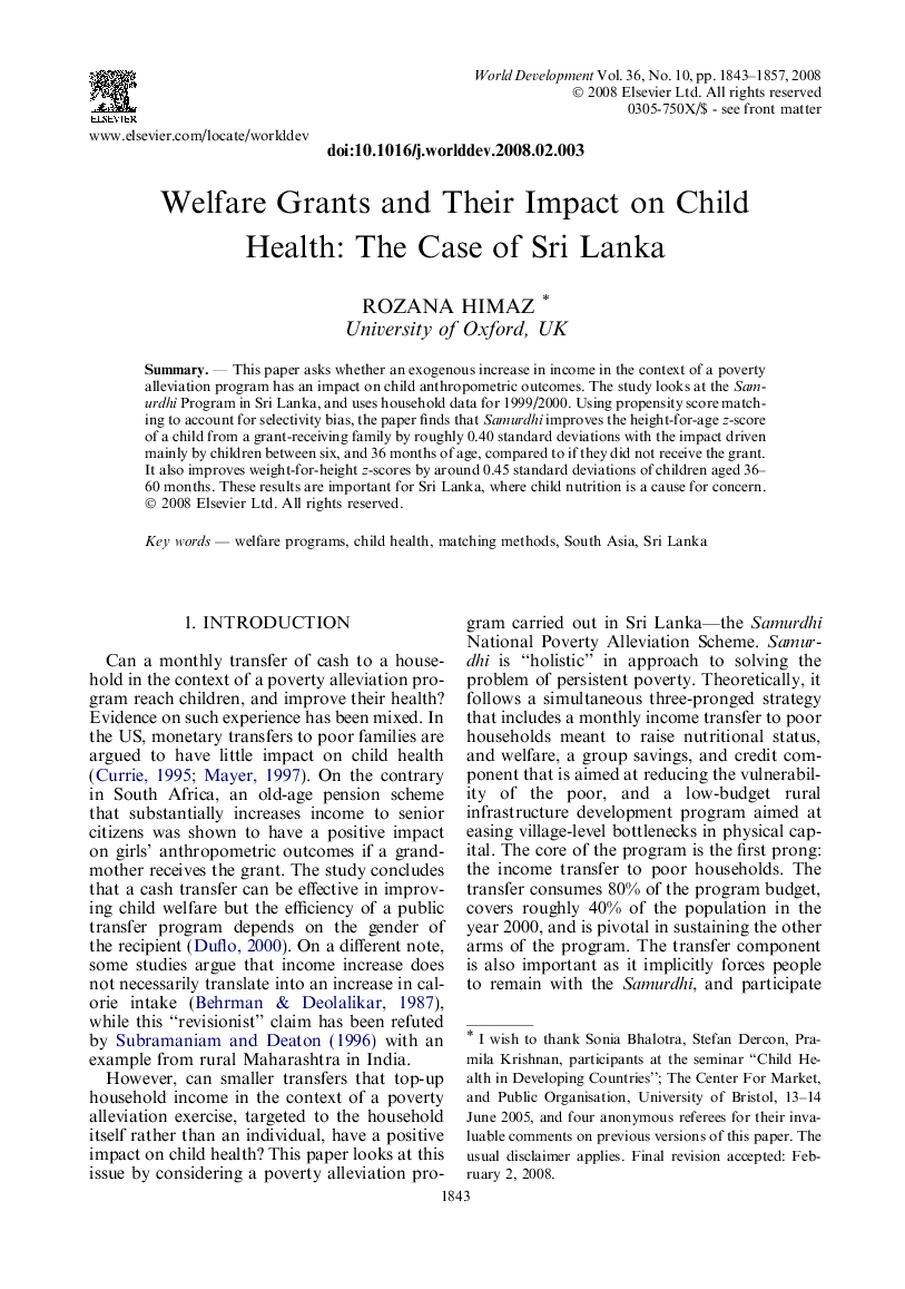 Welfare Grants and Their Impact on Child Health: The Case of Sri Lanka