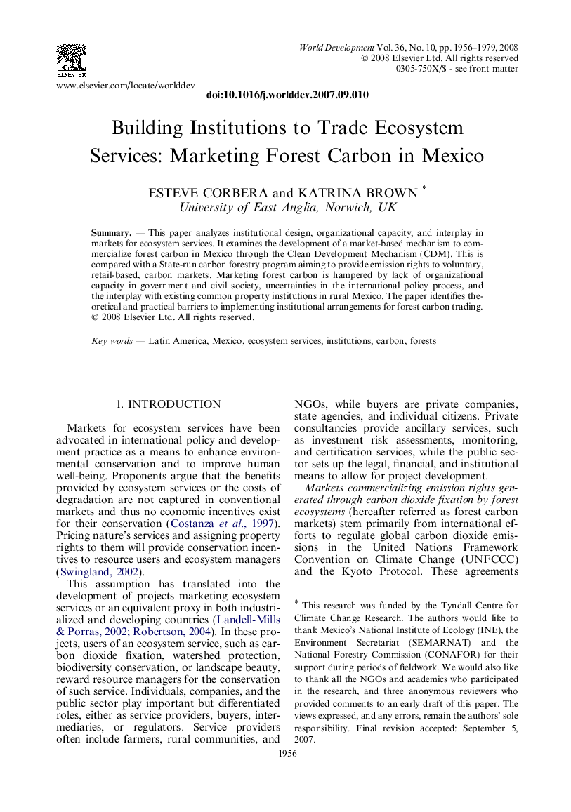 Building Institutions to Trade Ecosystem Services: Marketing Forest Carbon in Mexico