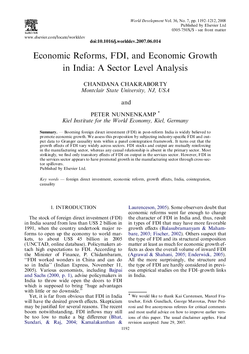 Economic Reforms, FDI, and Economic Growth in India: A Sector Level Analysis