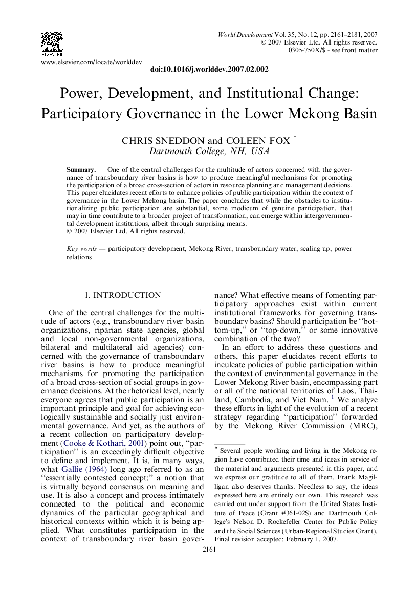 Power, Development, and Institutional Change: Participatory Governance in the Lower Mekong Basin