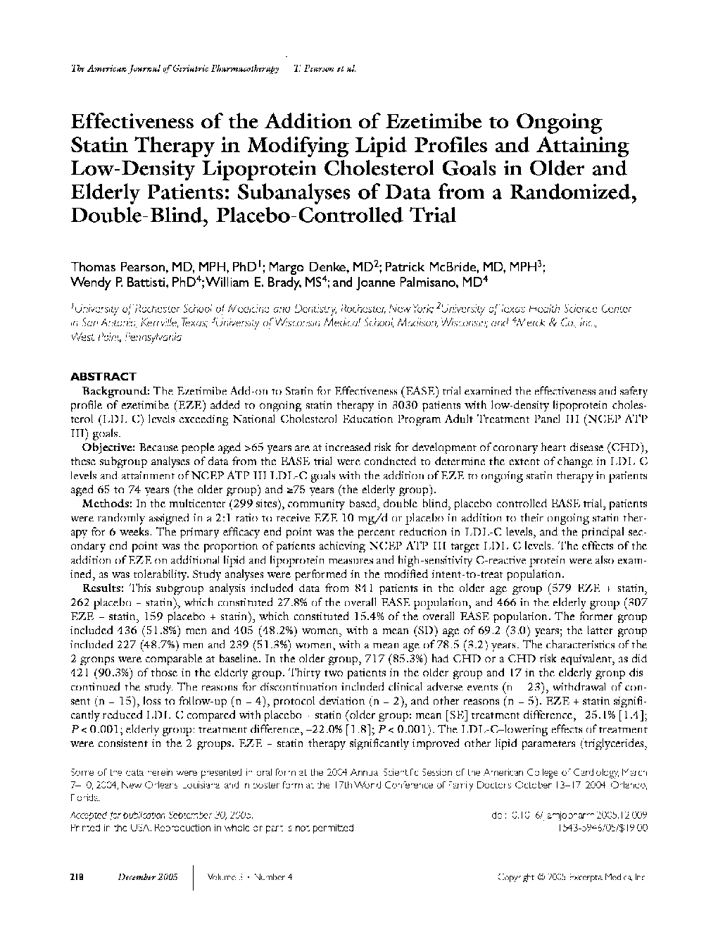 Effectiveness of the addition of ezetimibe to ongoing statin therapy in modifying lipid profiles and attaining low-density lipoprotein cholesterol goals in older and elderly patients: Subanalyses of data from a randomized, double-blind, placebo-controlled