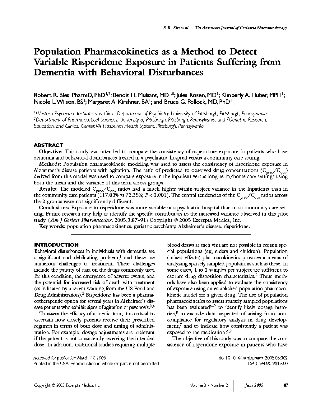 Population pharmacokinetics as a method to detect variable risperidone exposure in patients suffering from dementia with behavioral disturbances