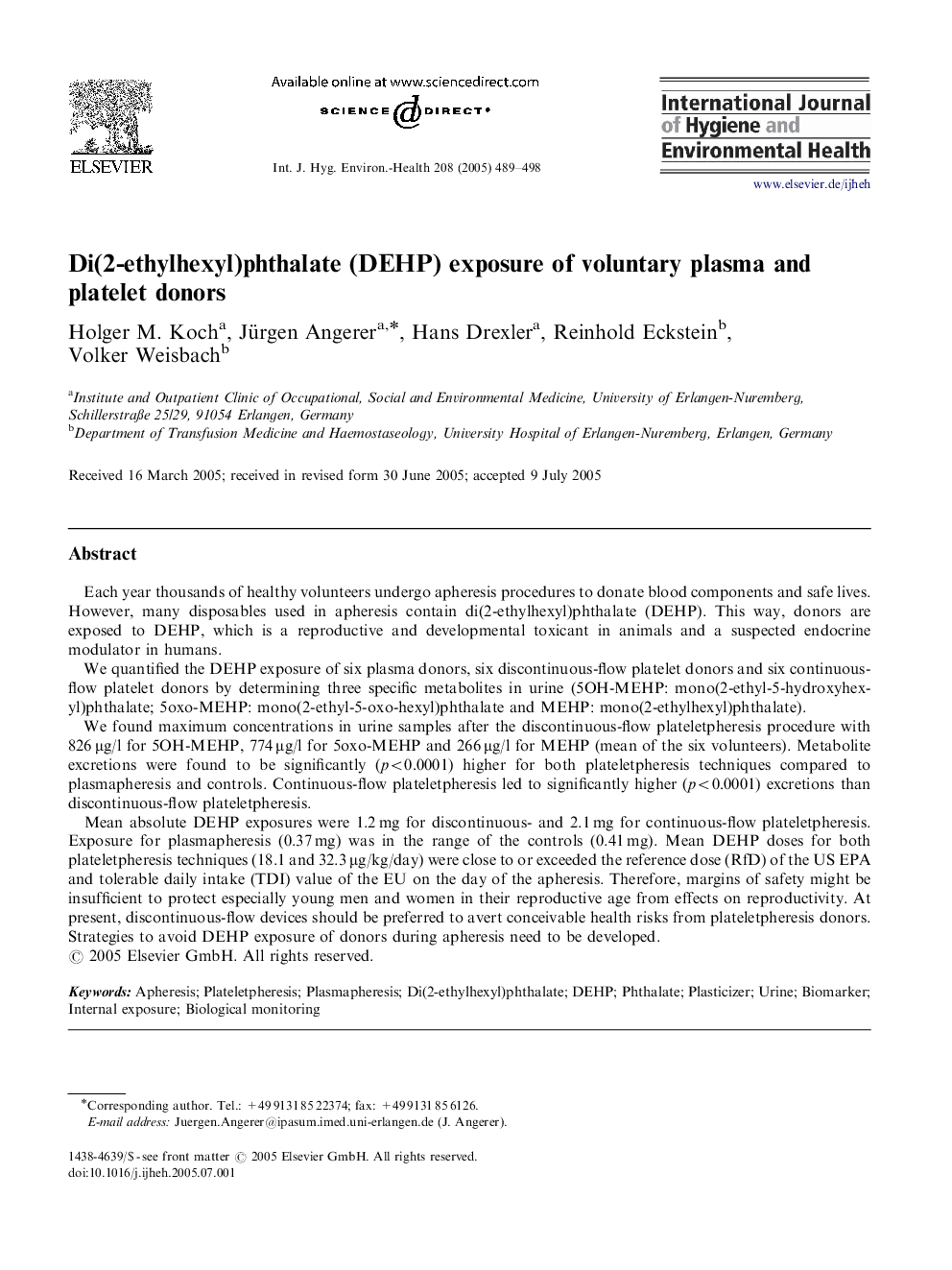 Di(2-ethylhexyl)phthalate (DEHP) exposure of voluntary plasma and platelet donors