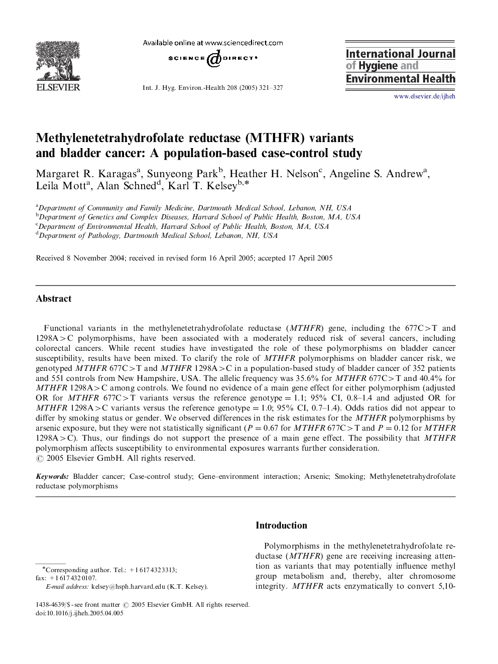 Methylenetetrahydrofolate reductase (MTHFR) variants and bladder cancer: A population-based case-control study