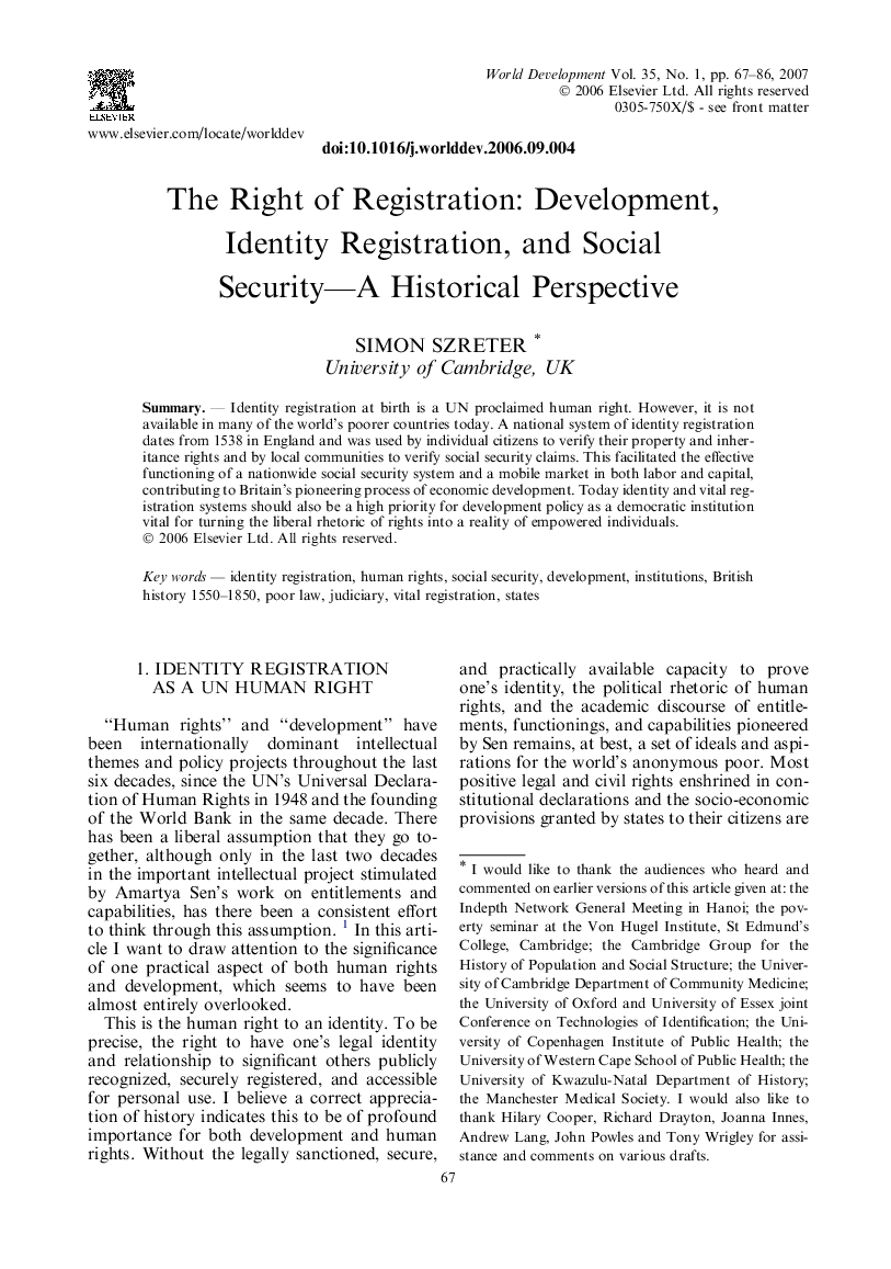 The Right of Registration: Development, Identity Registration, and Social Security—A Historical Perspective