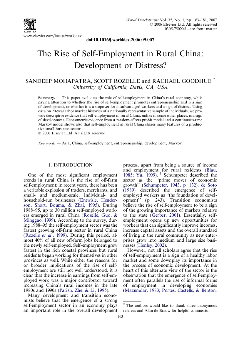 The Rise of Self-Employment in Rural China: Development or Distress?