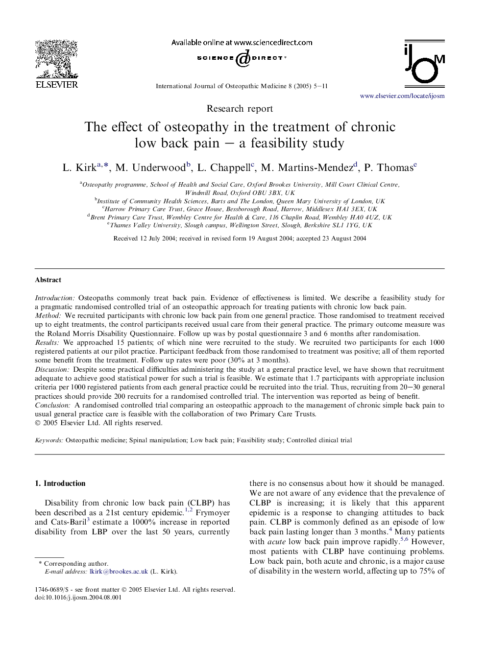 The effect of osteopathy in the treatment of chronic low back pain - a feasibility study