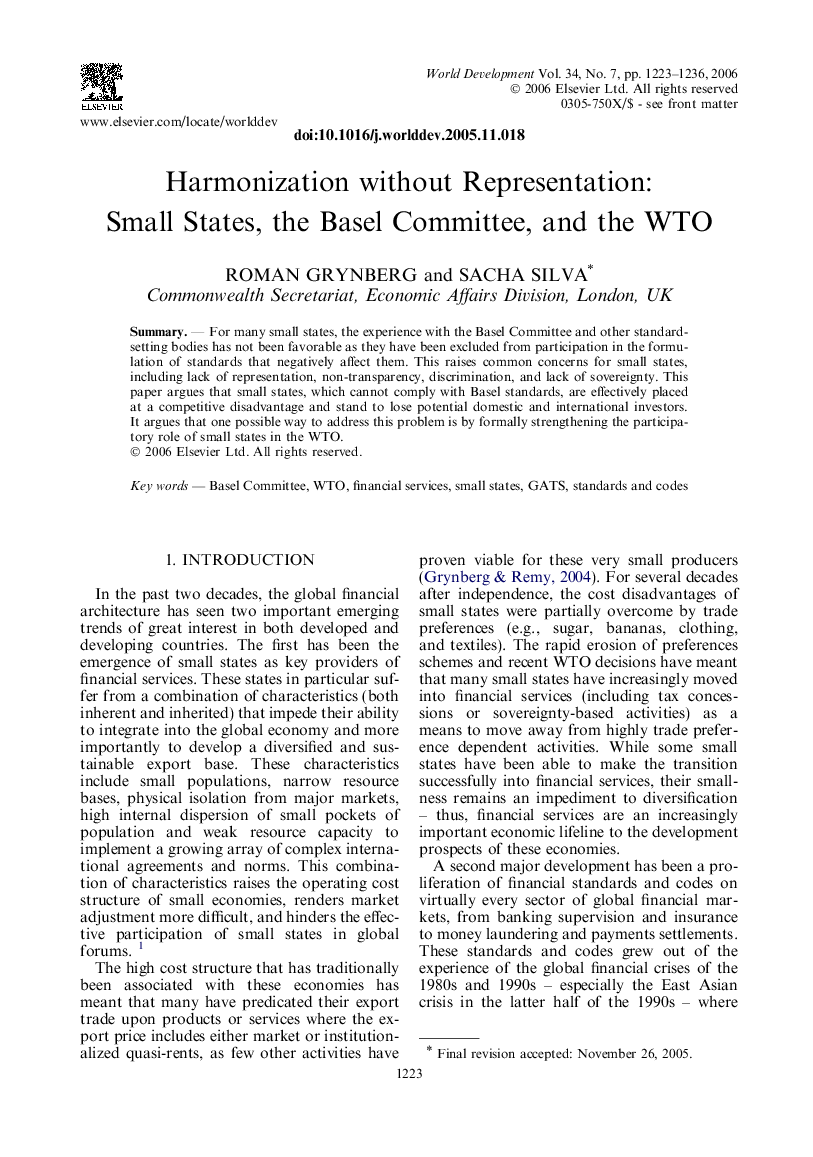Harmonization without representation: Small states, the Basel Committee, and the WTO