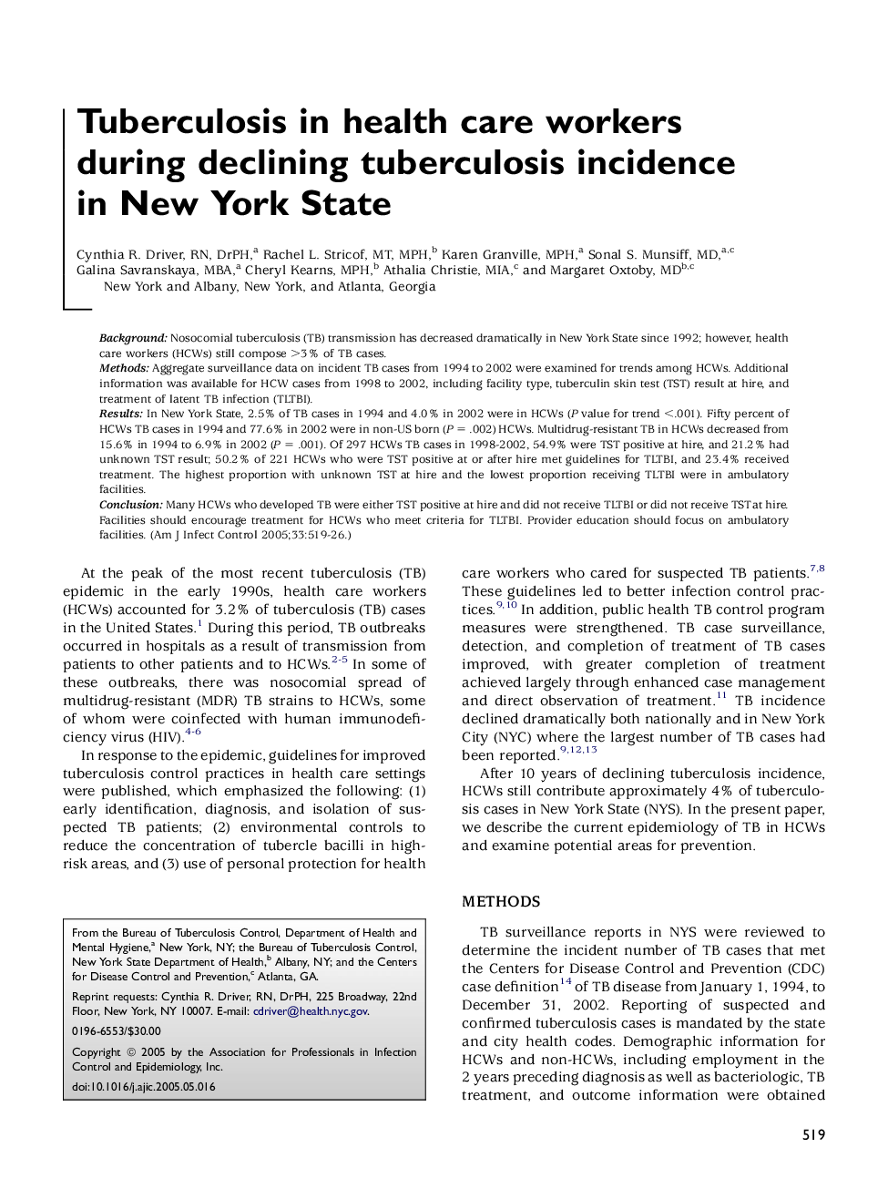 Tuberculosis in health care workers during declining tuberculosis incidence in New York State