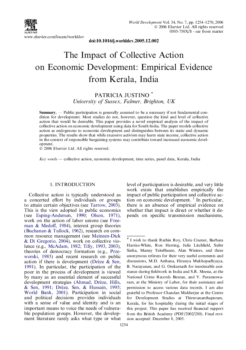 The impact of collective action on economic development: empirical evidence from Kerala, India