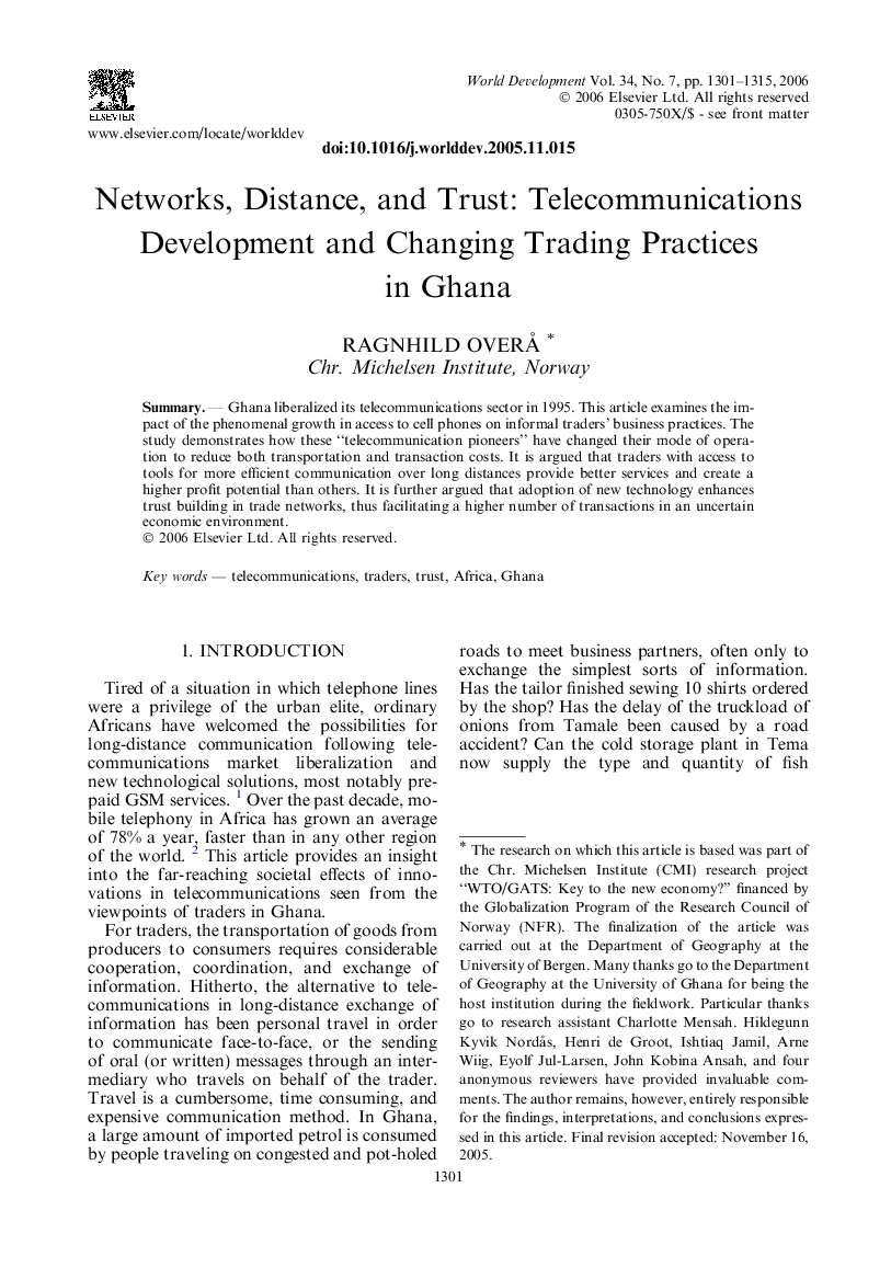 Networks, distance, and trust: Telecommunications Development and changing trading practices in Ghana