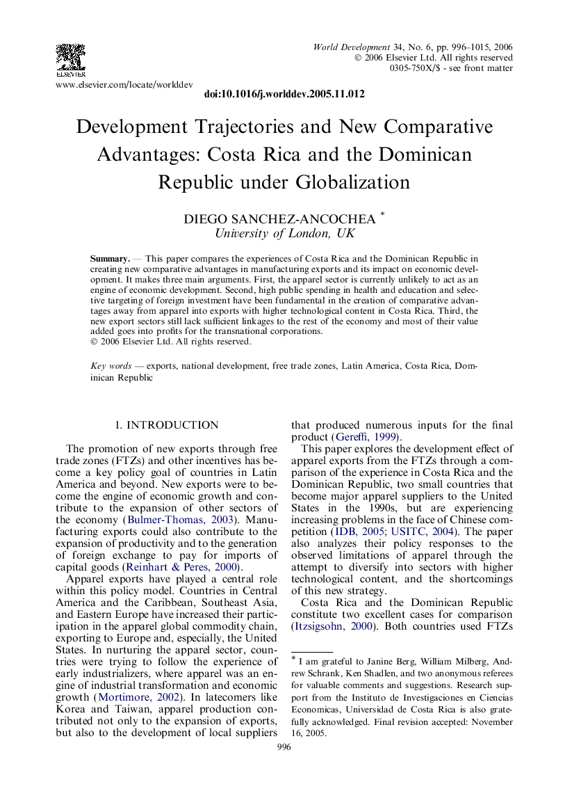 Development trajectories and new comparative advantages: Costa Rica and the Dominican Republic under Globalization