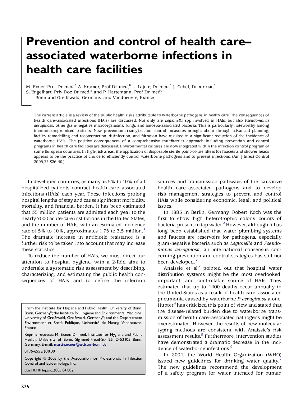 Prevention and control of health care-associated waterborne infections in health care facilities