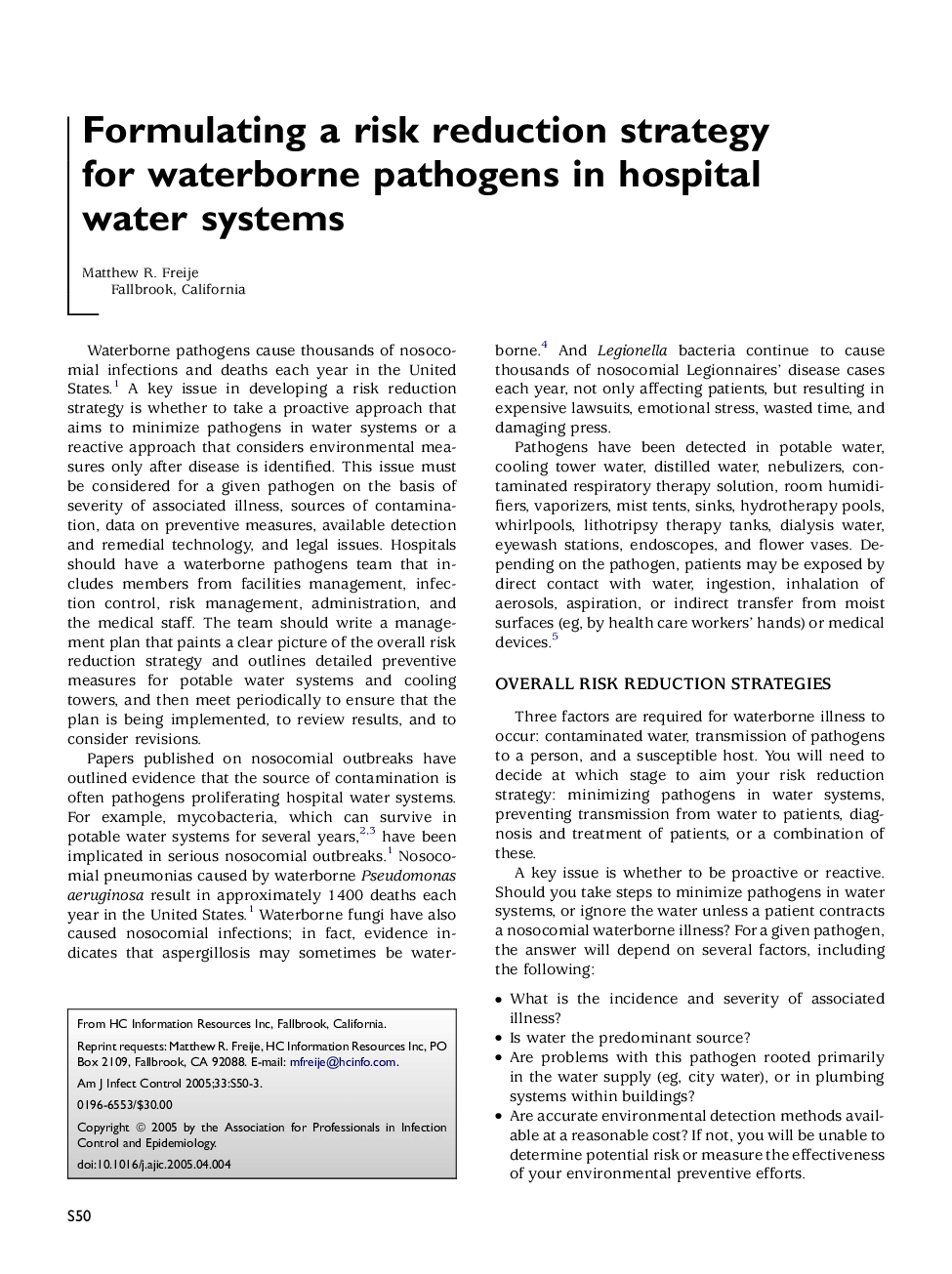 Formulating a risk reduction strategy for waterborne pathogens in hospital water systems