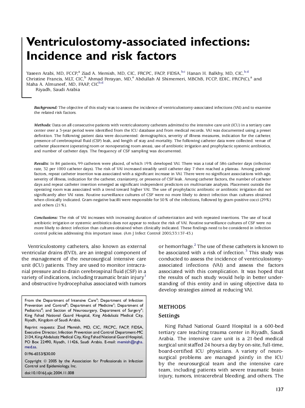 Ventriculostomy-associated infections: Incidence and risk factors