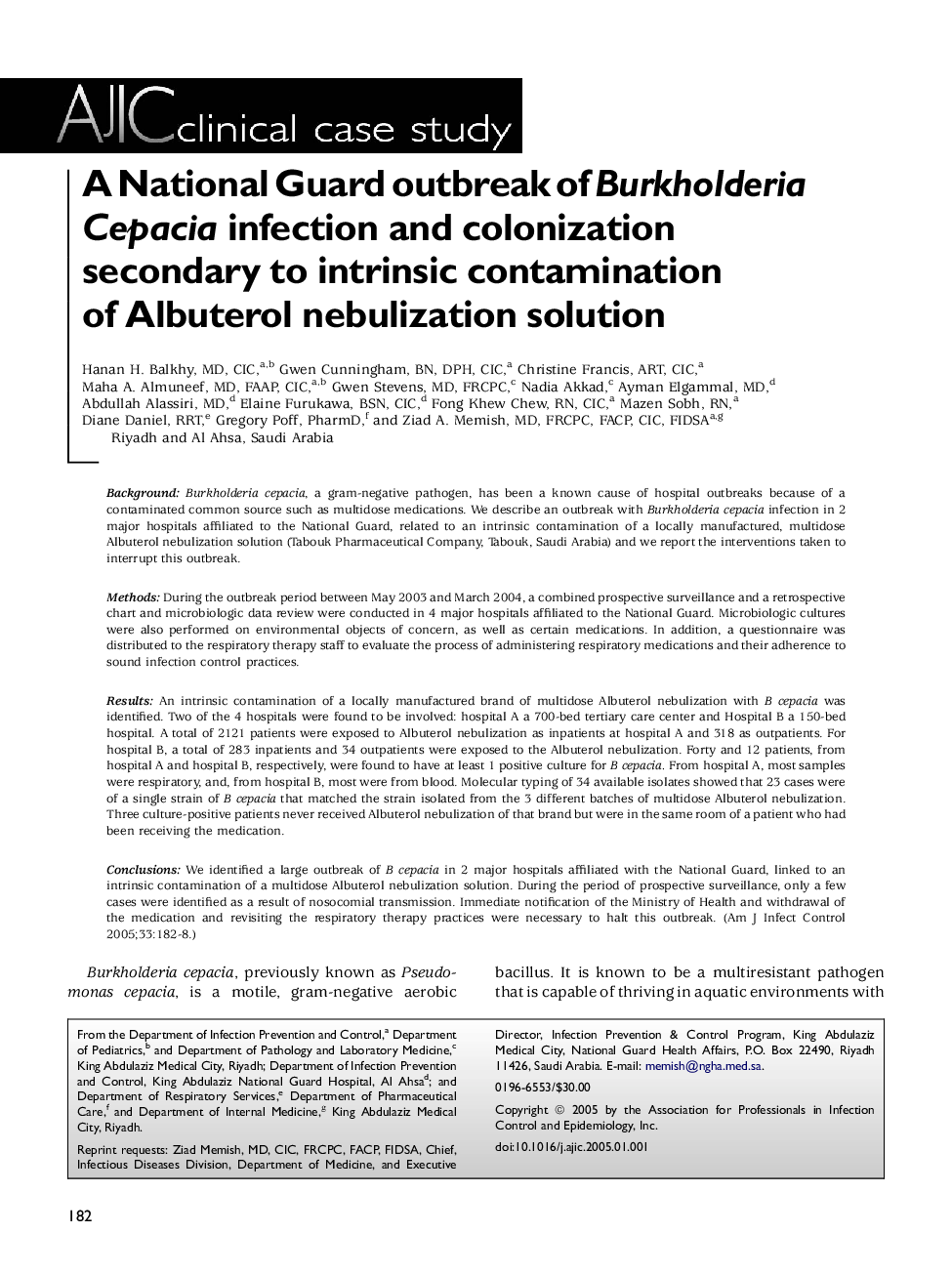 A National Guard outbreak of Burkholderia Cepacia infection and colonization secondary to intrinsic contamination of Albuterol nebulization solution