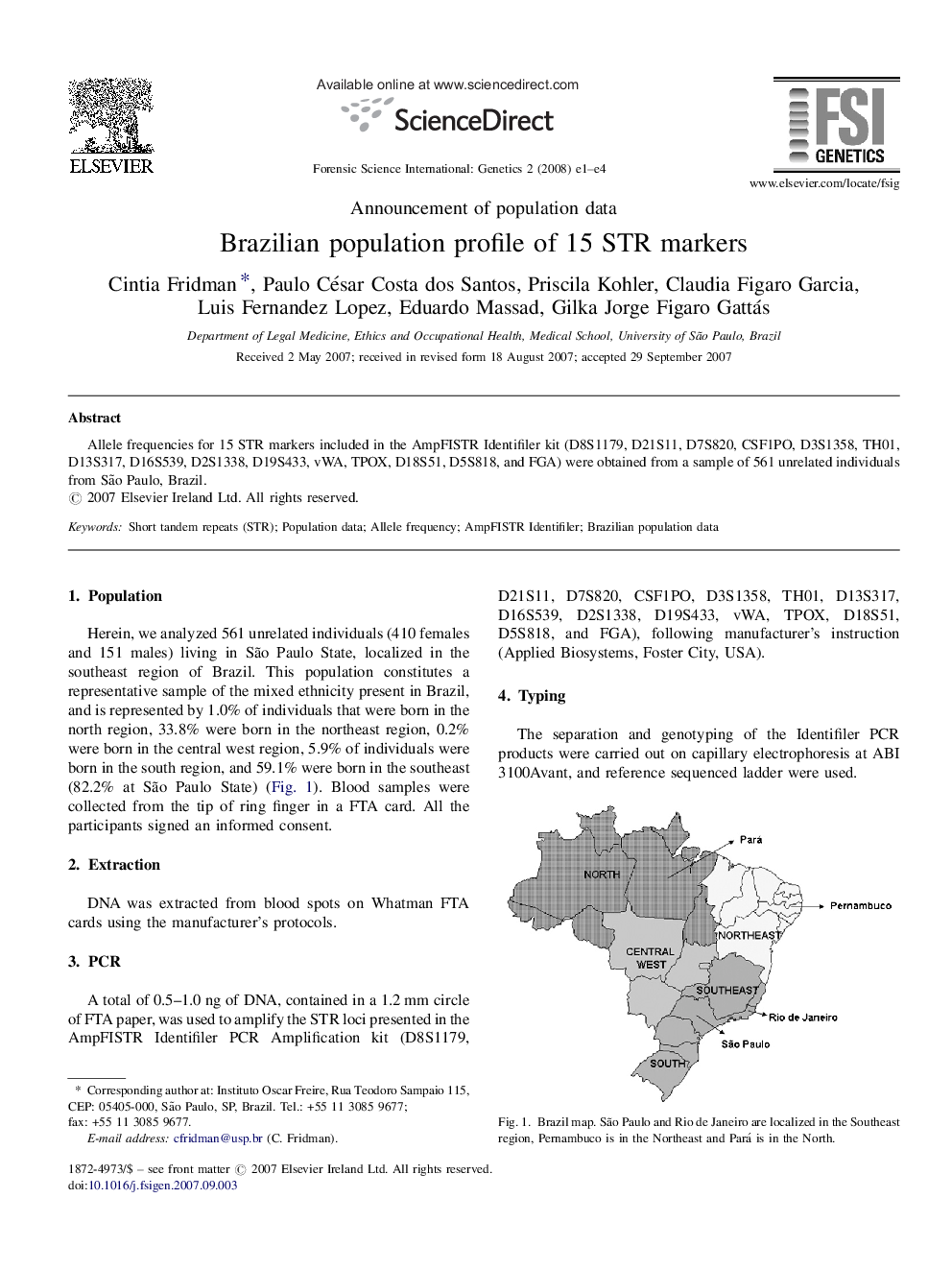 Brazilian population profile of 15 STR markers
