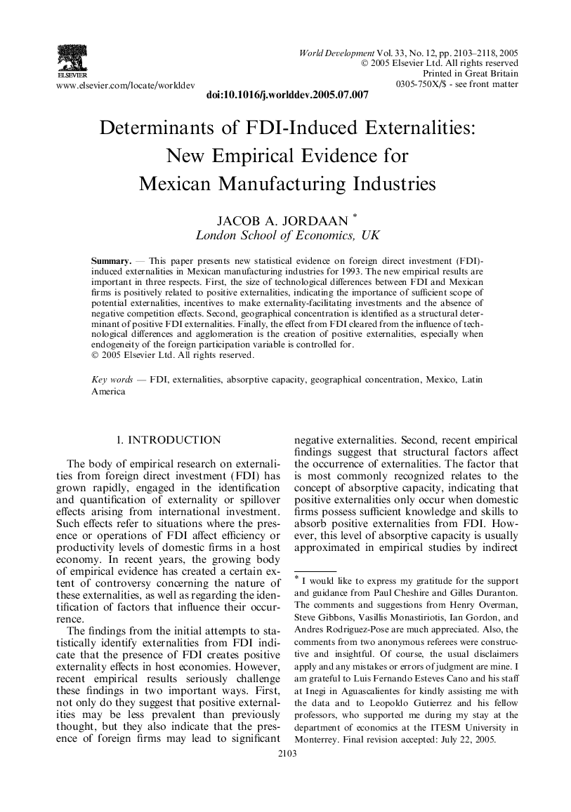 Determinants of FDI-induced externalities: New empirical evidence for Mexican manufacturing industries