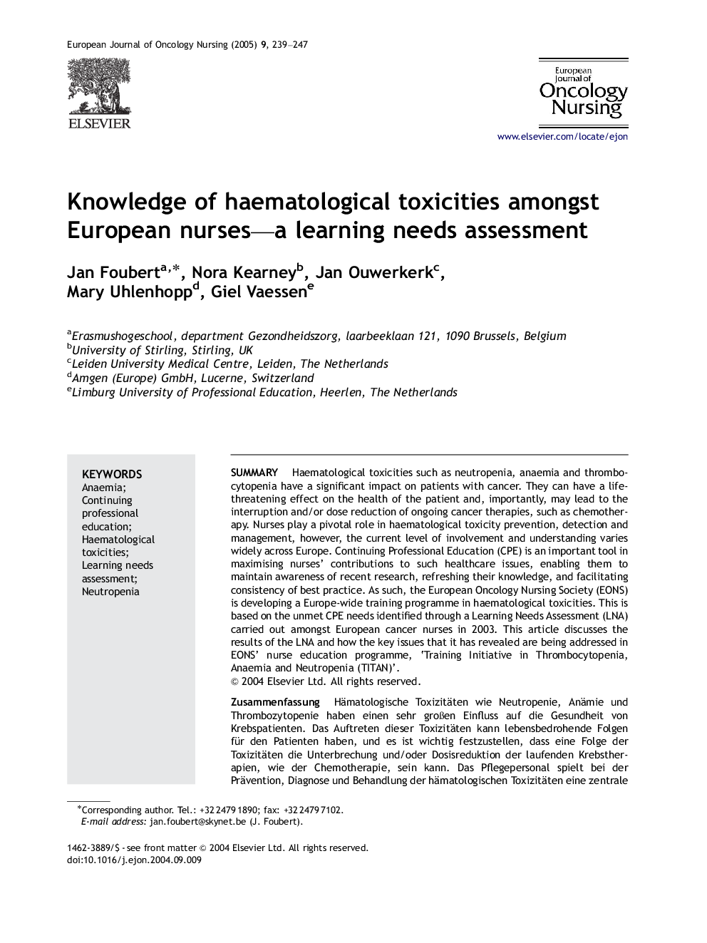 Knowledge of haematological toxicities amongst European nurses-a learning needs assessment