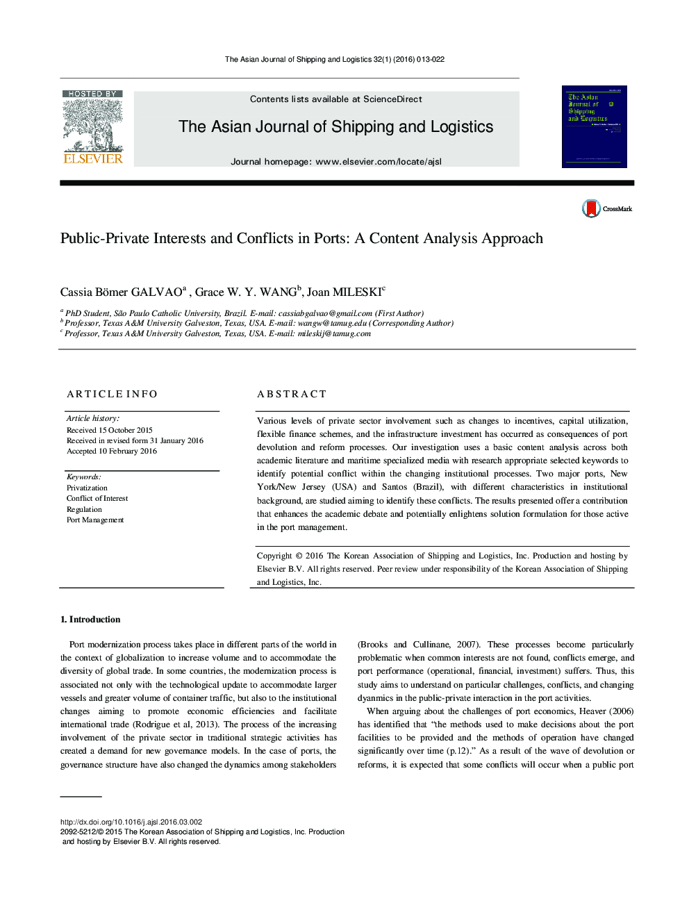 Public-Private Interests and Conflicts in Ports: A Content Analysis Approach 