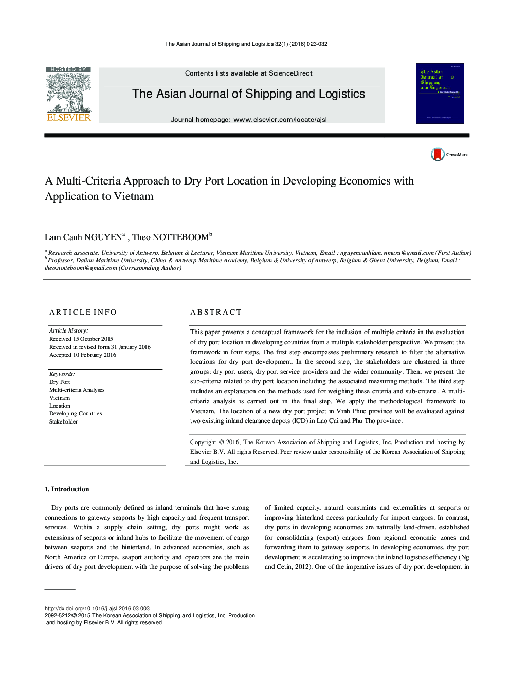 A Multi-Criteria Approach to Dry Port Location in Developing Economies with Application to Vietnam 