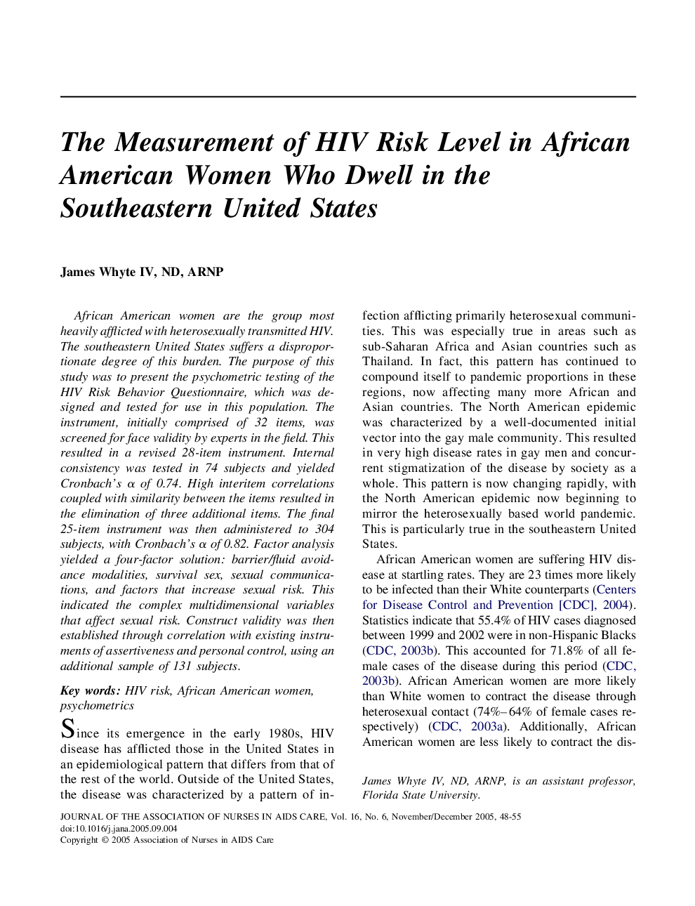 The Measurement of HIV Risk Level in African American Women Who Dwell in the Southeastern United States