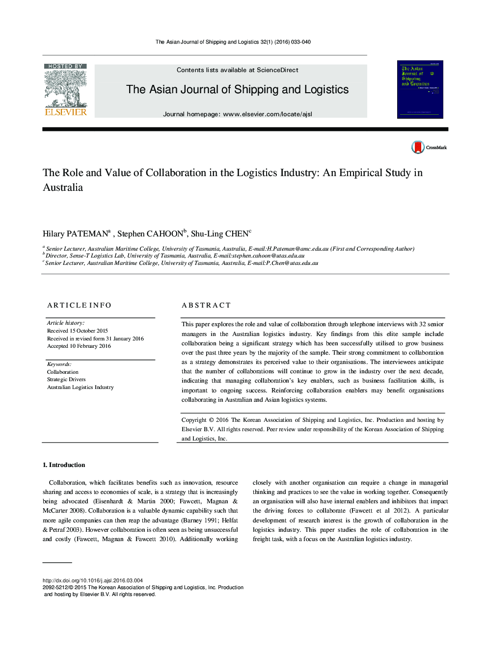 The Role and Value of Collaboration in the Logistics Industry: An Empirical Study in Australia 