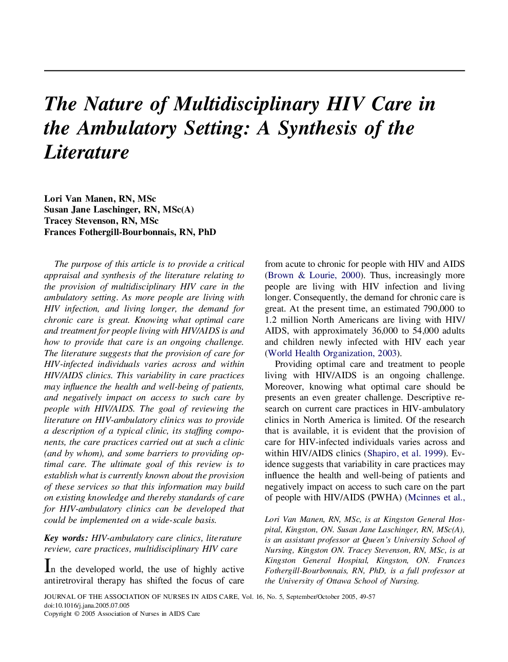 The Nature of Multidisciplinary HIV Care in the Ambulatory Setting: A Synthesis of the Literature