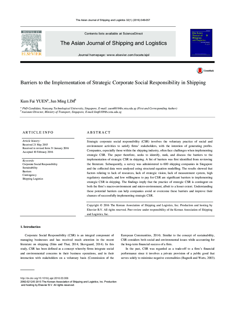 Barriers to the Implementation of Strategic Corporate Social Responsibility in Shipping 