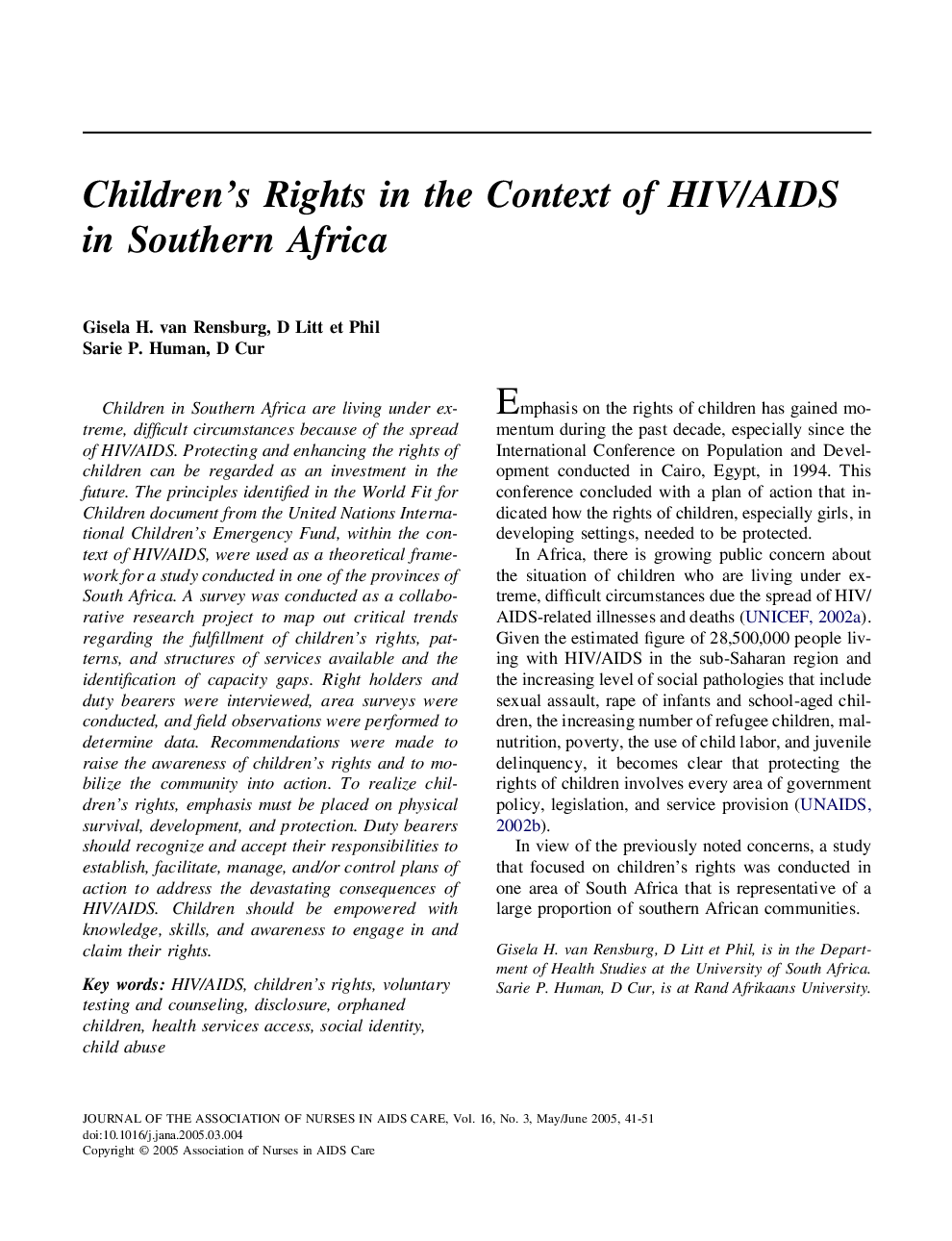 Children's Rights in the Context of HIV/AIDS in Southern Africa