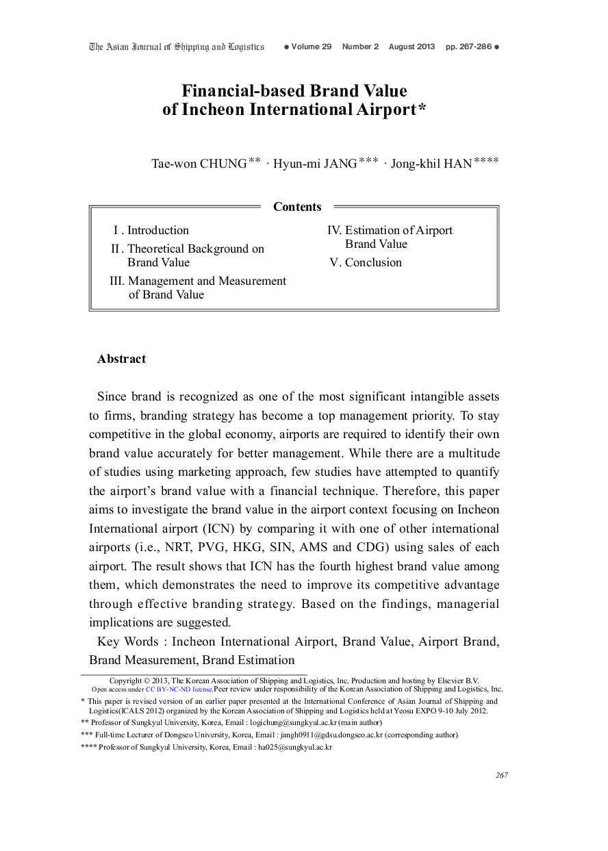 Financial-based Brand Value of Incheon International Airport 