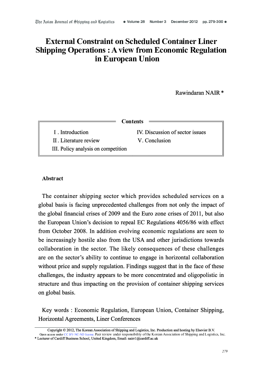 External Constraint on Scheduled Container Liner Shipping Operations: A View from Economic Regulation in European Union 