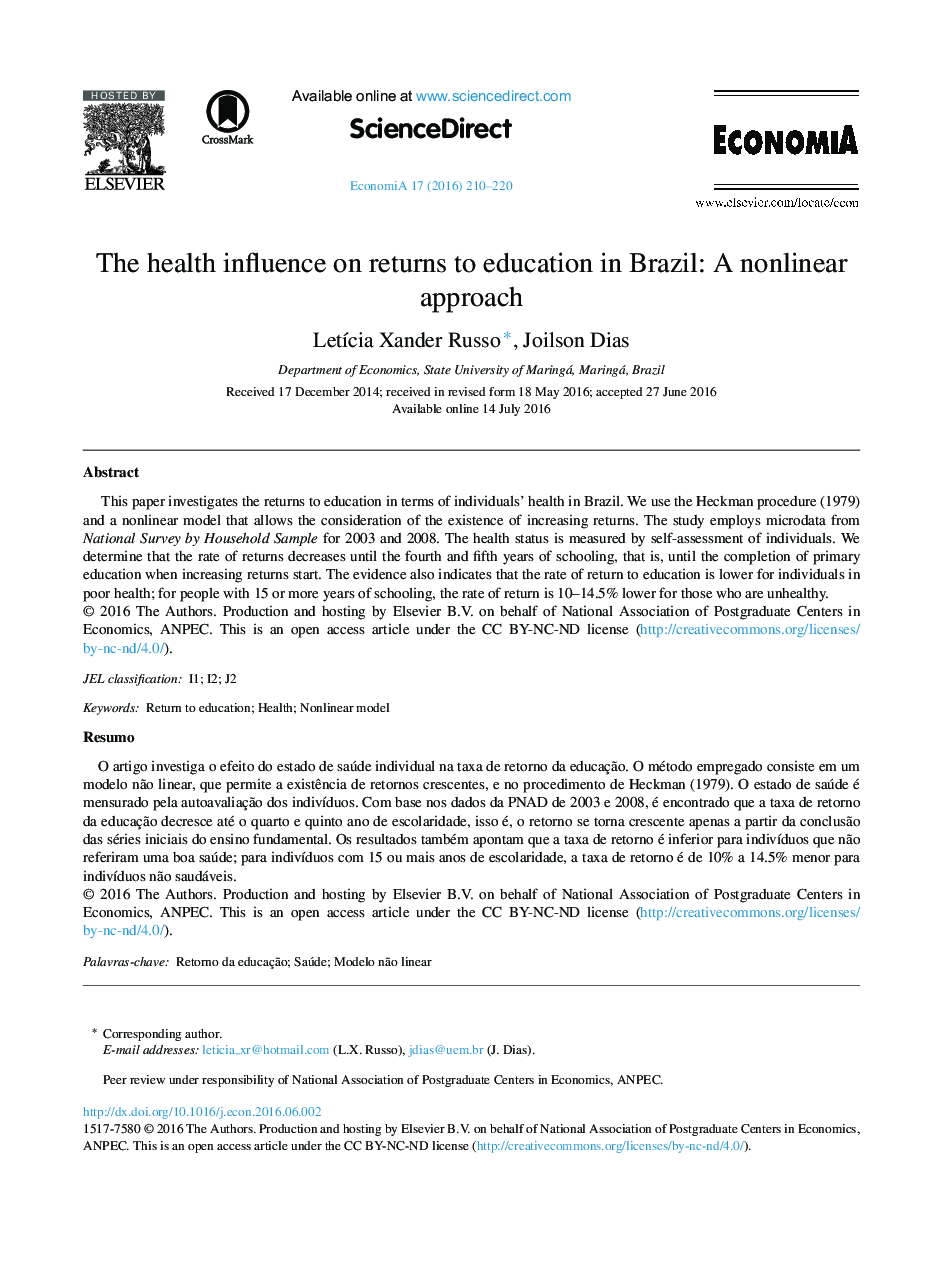 The health influence on returns to education in Brazil: A nonlinear approach 