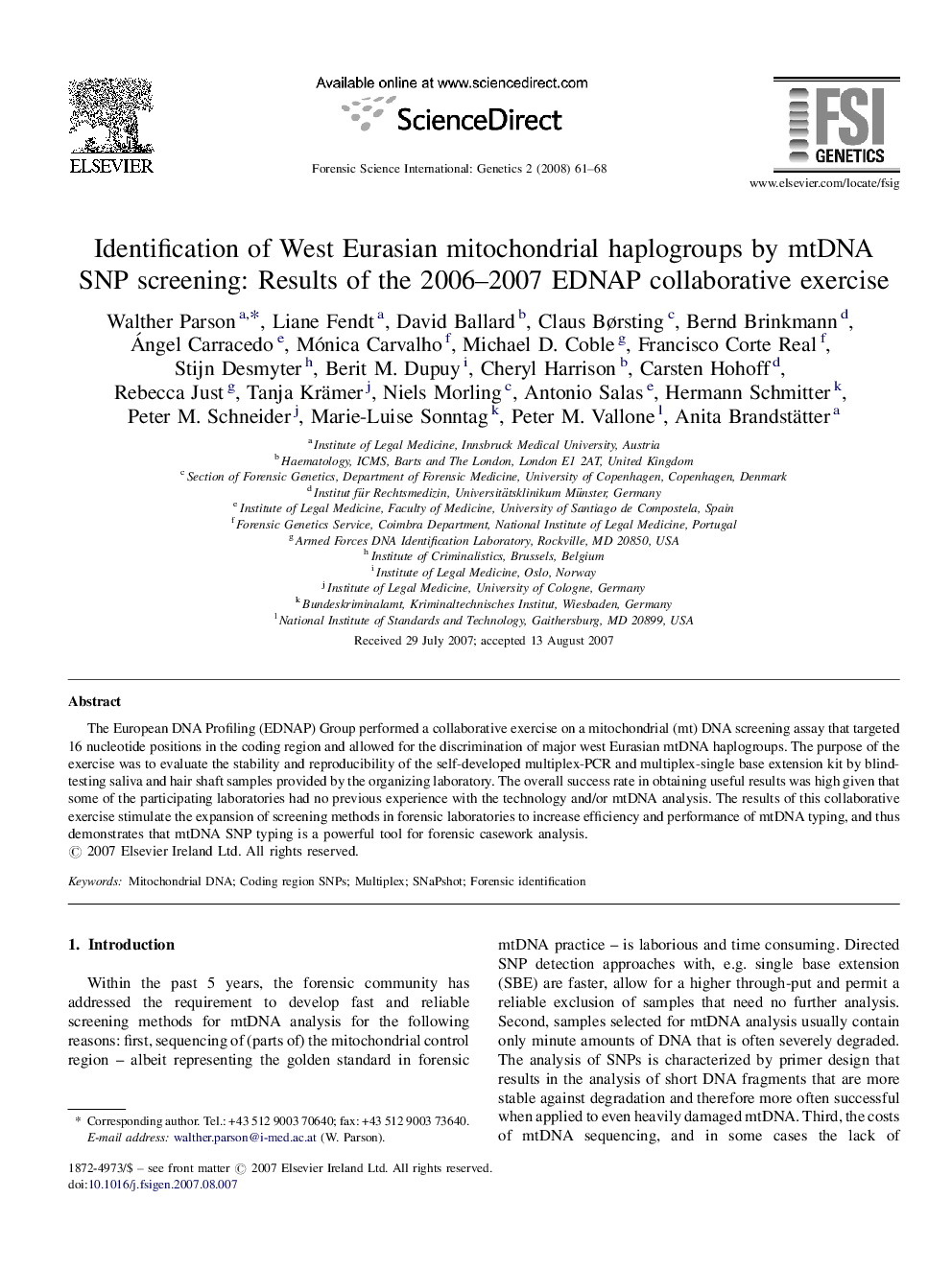 Identification of West Eurasian mitochondrial haplogroups by mtDNA SNP screening: Results of the 2006–2007 EDNAP collaborative exercise