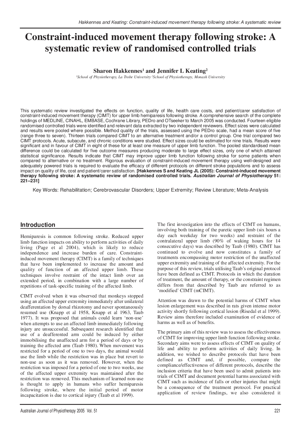 Constraint-induced movement therapy following stroke: A systematic review of randomised controlled trials