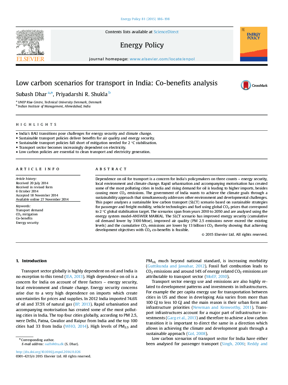 Low carbon scenarios for transport in India: Co-benefits analysis
