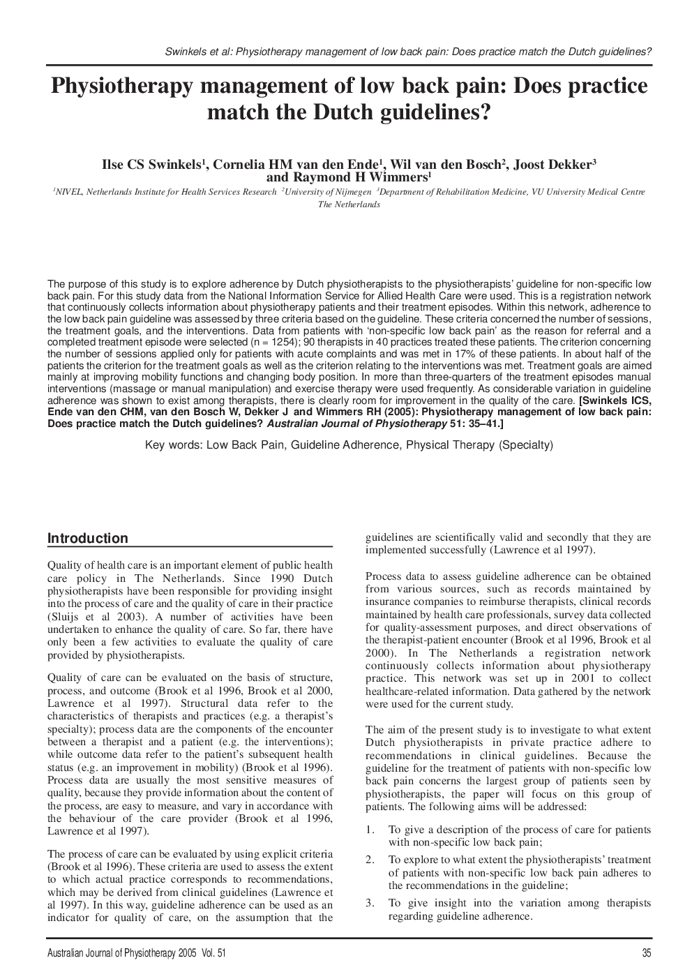 Physiotherapy management of low back pain: Does practice match the Dutch guidelines?