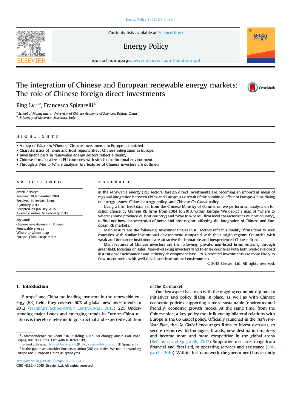 The integration of Chinese and European renewable energy markets: The role of Chinese foreign direct investments